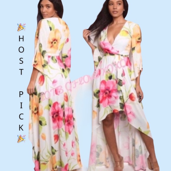 Dresses & Skirts - IVORY FLORAL HIGH LOW TIED WAIST FLOWY LINED DRESS